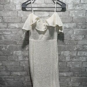NWT Dalia MacPhee- Elegant White Off-Shoulder Sequin Dress- M